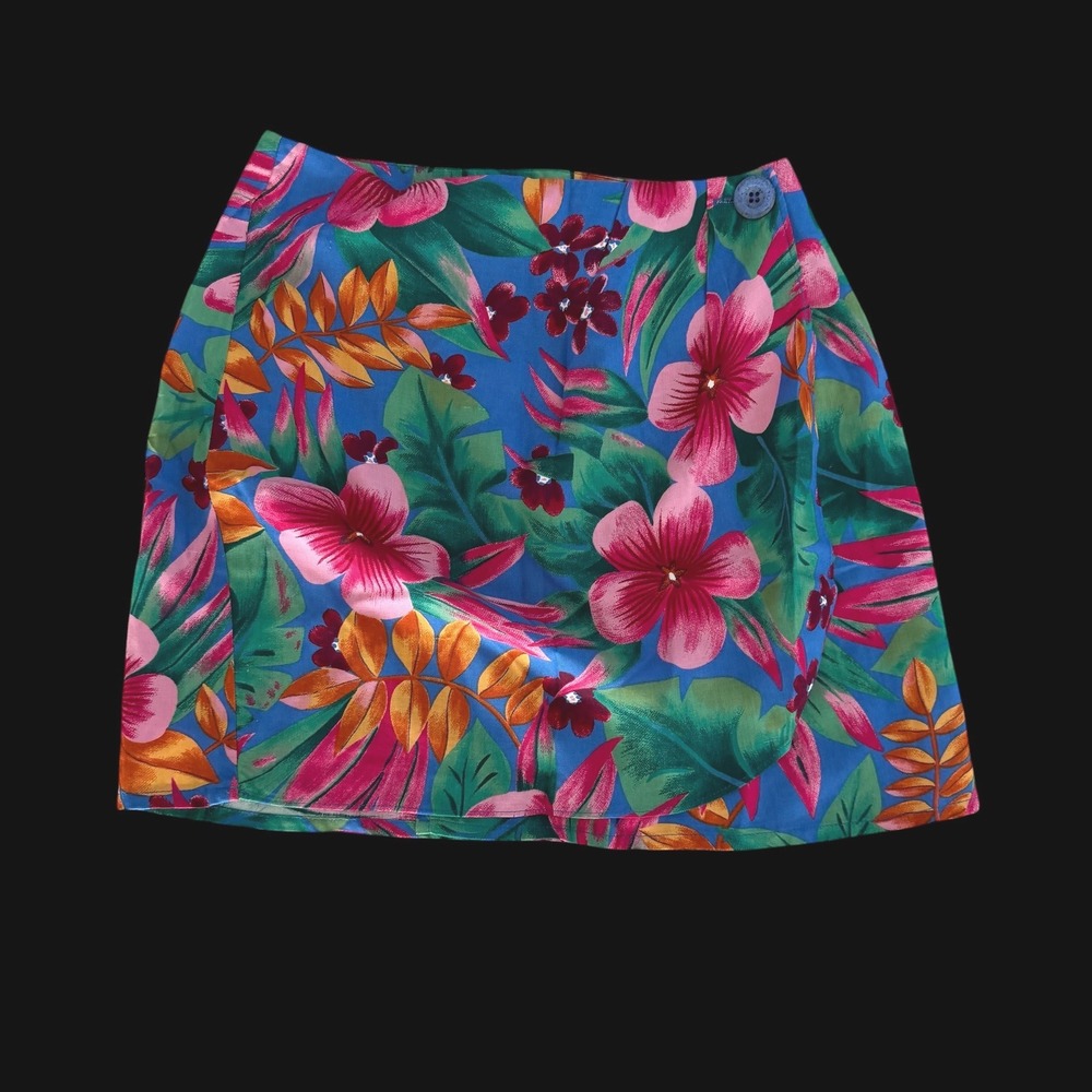 My Michelle Vintage Y2K Tropical Floral Mini Skirt Blue Rayon Sz 3